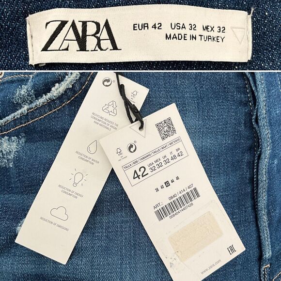 Zara Distressed Patchwork Tapered Skinny Jeans Blue32 - Picture 3 of 12